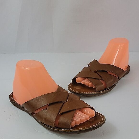 Madewell Boardwalk Woven Brown Leather Slide Women's Sandals - Picture 3 of 14